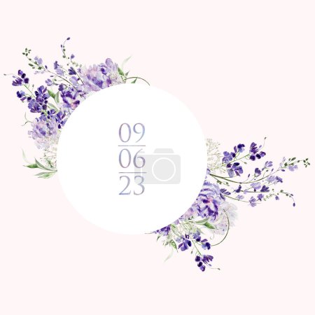 Photo for Watercolor wedding card with wisteria, roses and wild flowers, green leaves. Illustration - Royalty Free Image