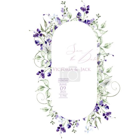 Photo for Watercolor wedding card with wisteria and wild flowers, green leaves. Illustration - Royalty Free Image