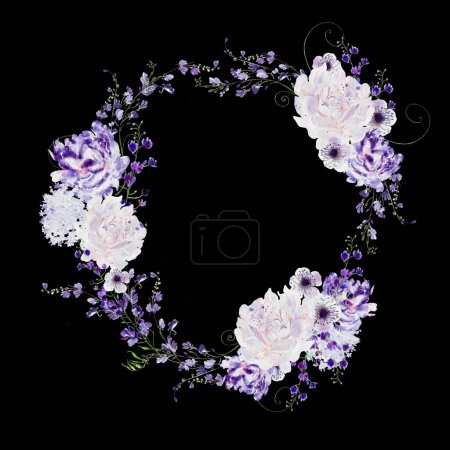 Photo for Watercolor wedding wreath with wisteria, roses and wild flowers, green leaves.  Illustration - Royalty Free Image
