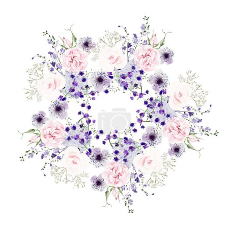 Photo for Watercolor wedding wreath with wisteria, roses and wild flowers, green leaves.  Illustration - Royalty Free Image