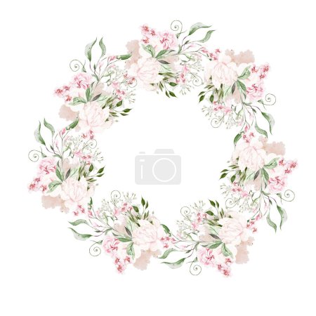 Téléchargez les photos : Couronne de mariage aquarelle avec des fleurs de roses, feuilles vertes. Illustration - en image libre de droit