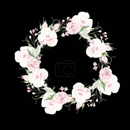 Photo for Watercolor wedding wreath with roses flowers, green leaves.  Illustration - Royalty Free Image