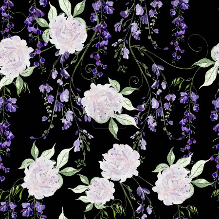 Photo for Watercolor seamless pattern with roses and wildflowers. Illustration - Royalty Free Image