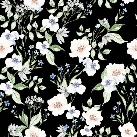 Téléchargez les photos : Aquarelle motif sans couture avec des roses et des fleurs sauvages. Illustration - en image libre de droit