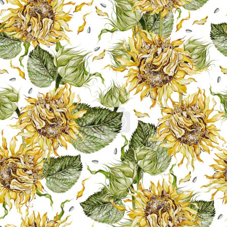 Photo for Watercolor seamless pattern with sunflowers and leaves. Illustration - Royalty Free Image