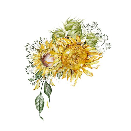 Photo for Watercolor bouquets with sunflowers and leaves. Illustration - Royalty Free Image