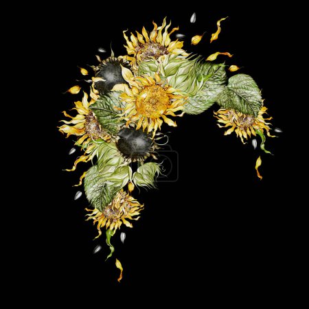 Téléchargez les photos : Bouquet aquarelle avec tournesols et feuilles. Illustration - en image libre de droit