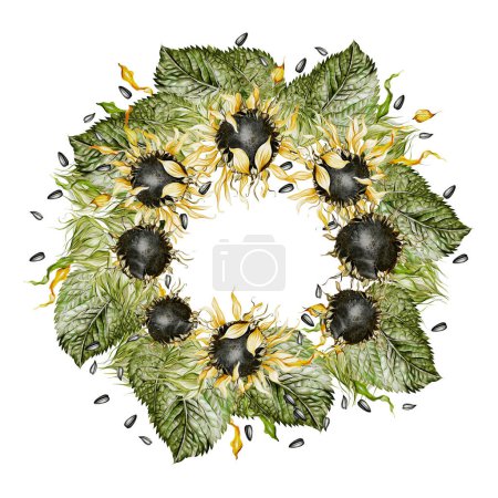 Photo for Watercolor wreath with sunflowers and leaves. Illustration - Royalty Free Image