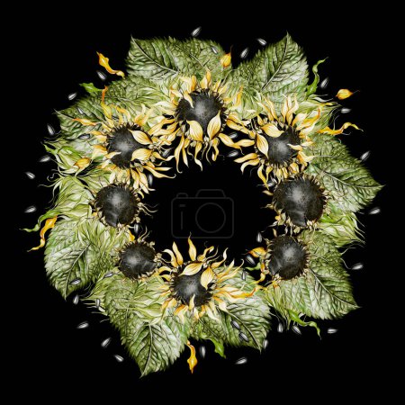 Foto de Corona de acuarela con girasoles y hojas. Ilustración - Imagen libre de derechos