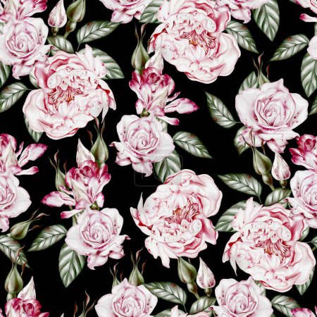 Photo for Watercolor seamless pattern with roses and peony flowers. Illustration - Royalty Free Image