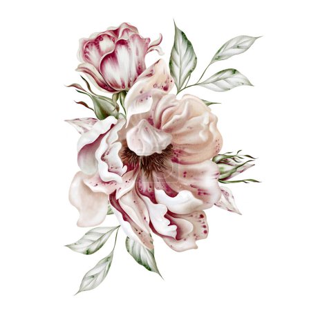 Téléchargez les photos : Bouquet aquarelle avec roses et fleurs de pivoine. Illustration - en image libre de droit