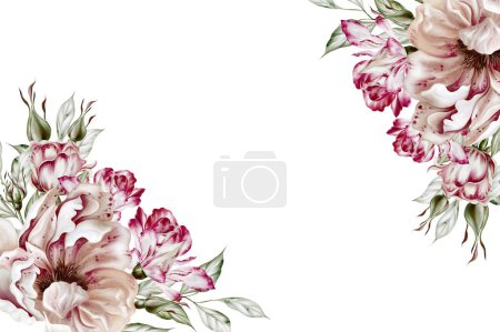 Téléchargez les photos : Carte aquarelle avec roses et fleurs de pivoine. Illustration - en image libre de droit