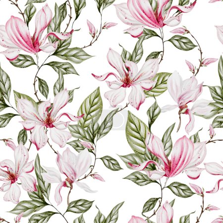 Téléchargez les photos : Aquarelle motif sans couture avec des fleurs et des feuilles magnolia rose. Illustration - en image libre de droit