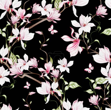 Photo for Watercolor seamless pattern with  pink magnolia flowers and leaves.  Illustration - Royalty Free Image
