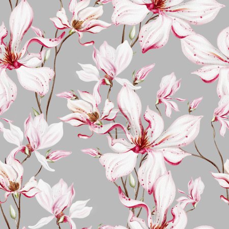 Foto de Patrón sin costuras de acuarela con flores y hojas de magnolia rosa. Ilustración - Imagen libre de derechos