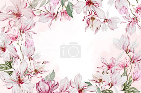 Téléchargez les photos : Carte de mariage aquarelle avec fleurs et feuilles de magnolia. Illustration - en image libre de droit