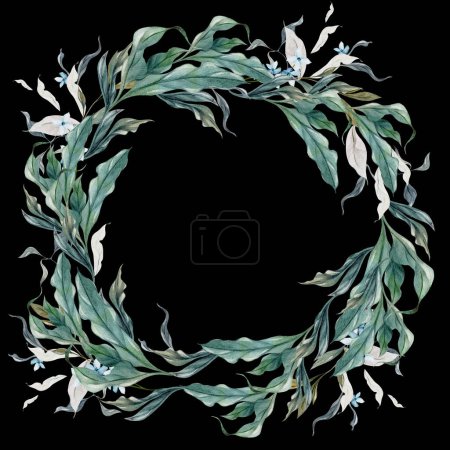 Téléchargez les photos : Couronne d'aquarelle de mariage avec feuilles d'hortensia vertes. Illustration - en image libre de droit
