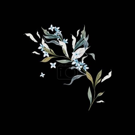 Téléchargez les photos : Bouquet aquarelle de mariage avec feuilles et fleurs bleues. Illustration - en image libre de droit