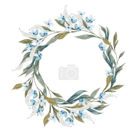 Téléchargez les photos : Couronne aquarelle de mariage avec des feuilles et des fleurs bleues. Illustration - en image libre de droit