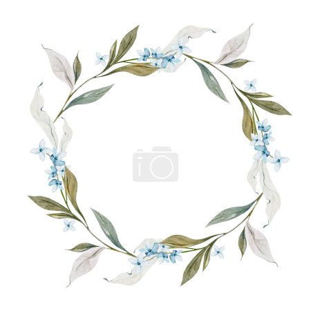 Téléchargez les photos : Couronne aquarelle de mariage avec des feuilles et des fleurs bleues. Illustration - en image libre de droit