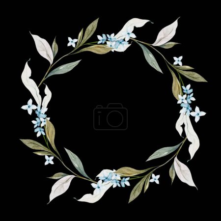 Foto de Corona de acuarela de boda con hojas y flores azules. Ilustración - Imagen libre de derechos
