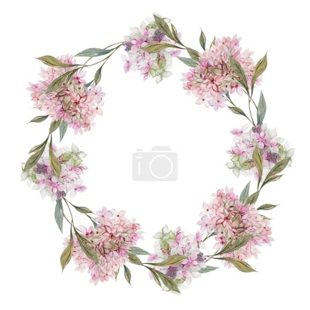 Photo for Wedding watercolor wreath with hydrangea leaves and flowers.Illustration - Royalty Free Image