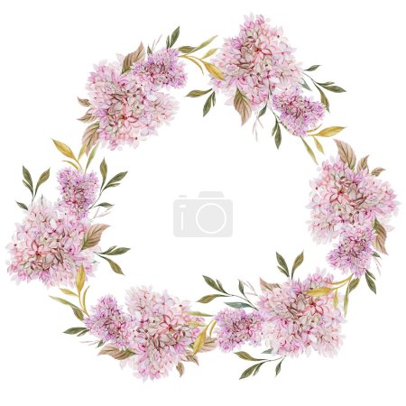 Téléchargez les photos : Couronne d'aquarelle de mariage avec feuilles et fleurs d'hortensia.Illustration - en image libre de droit