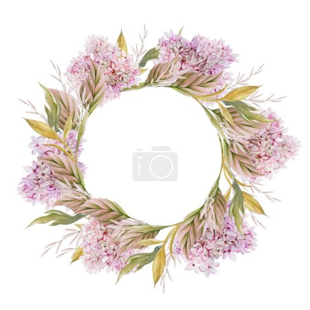 Téléchargez les photos : Couronne d'aquarelle de mariage avec feuilles et fleurs d'hortensia.Illustration - en image libre de droit