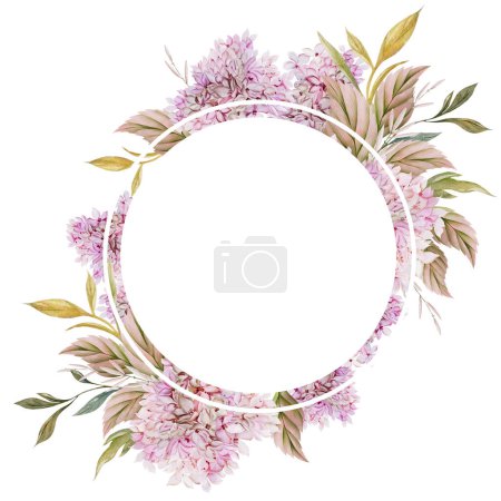 Téléchargez les photos : Carte aquarelle de mariage avec feuilles et fleurs d'hortensia. Illustration - en image libre de droit