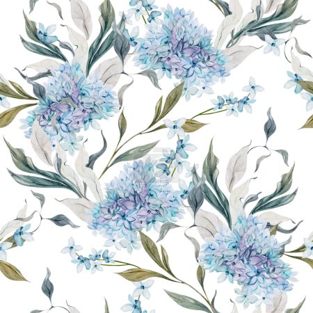 Photo for Wedding watercolor seamless pattern with hydrangea leaves and flowers. Illustration - Royalty Free Image