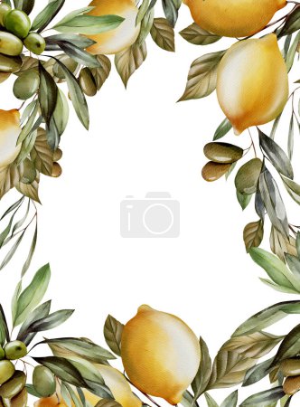 Photo for Watercolor frame, wreath with lemon and green leaves. Illustration - Royalty Free Image