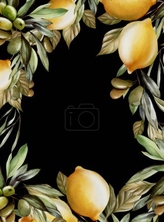 Photo for Watercolor frame, wreath with lemon and green leaves. Illustration - Royalty Free Image