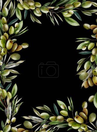 Téléchargez les photos : Cadre aquarelle avec baies d'olive et feuilles vertes. Illustration - en image libre de droit