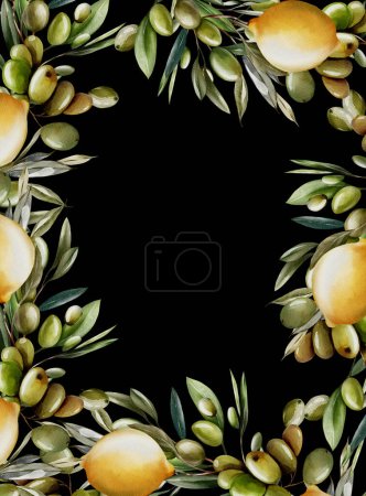 Foto de Marco de acuarela, corona con limón y hojas verdes. Ilustración - Imagen libre de derechos