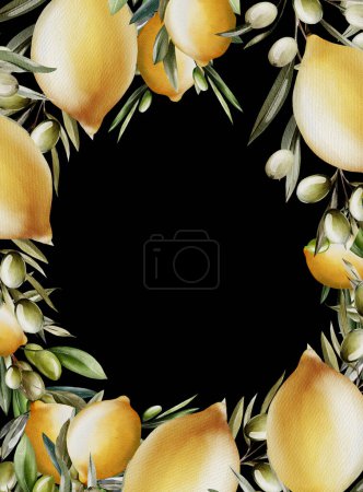 Foto de Marco de acuarela, corona con limón y hojas verdes. Ilustración - Imagen libre de derechos
