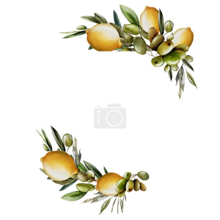 Foto de Corona de acuarela con limón y hojas verdes. Ilustración - Imagen libre de derechos