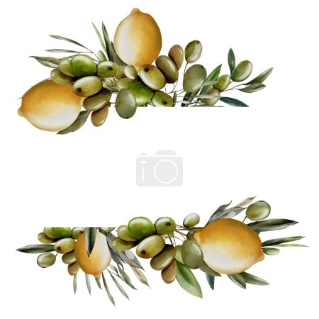 Photo for Watercolor wreath with lemon and green leaves. Illustration - Royalty Free Image