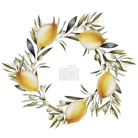 Photo for Watercolor wreath with lemon and green leaves. Illustration - Royalty Free Image