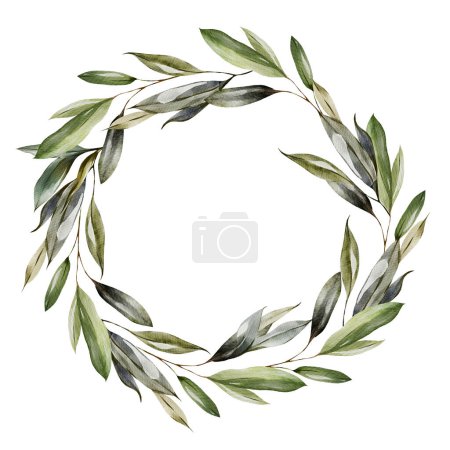 Foto de Corona de acuarela con bayas de oliva y hojas verdes. Ilustración - Imagen libre de derechos