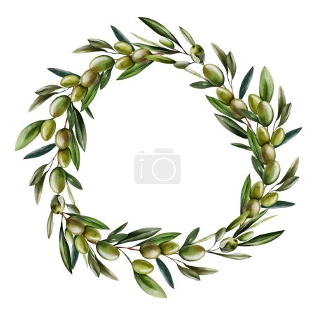 Foto de Corona de acuarela con bayas de oliva y hojas verdes. Ilustración - Imagen libre de derechos