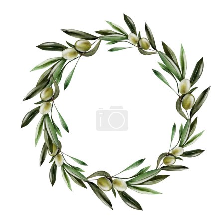 Téléchargez les photos : Couronne aquarelle avec des baies d'olive et des feuilles vertes. Illustration - en image libre de droit