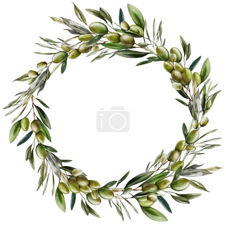 Téléchargez les photos : Couronne aquarelle avec des baies d'olive et des feuilles vertes. Illustration - en image libre de droit