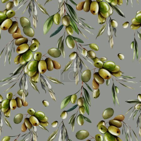 Téléchargez les photos : Aquarelle motif sans couture avec des olives et des feuilles vertes. Illustration - en image libre de droit