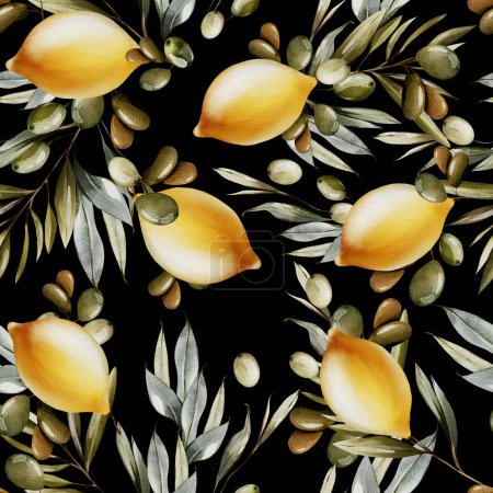 Photo for Watercolor seamless pattern with lemons and green olive leaves. Illustration - Royalty Free Image