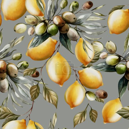 Foto de Patrón sin costuras de acuarela con limones y hojas de olivo verde. Ilustración - Imagen libre de derechos