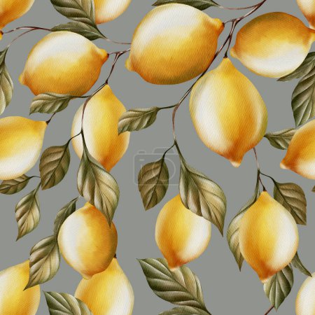 Téléchargez les photos : Aquarelle motif sans couture avec des citrons et des feuilles d'olive vertes. Illustration - en image libre de droit