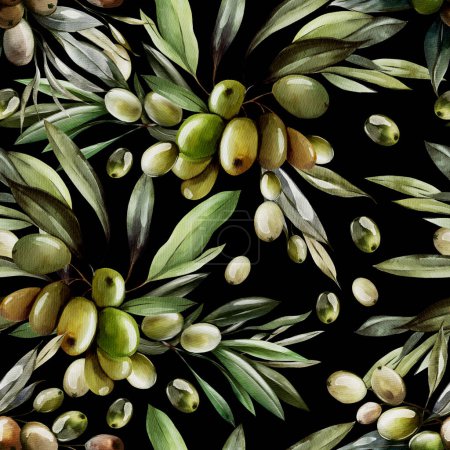 Téléchargez les photos : Aquarelle motif sans couture avec des olives et des feuilles vertes. Illustration - en image libre de droit