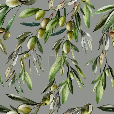 Photo for Watercolor seamless pattern with olives and green leaves. Illustration - Royalty Free Image