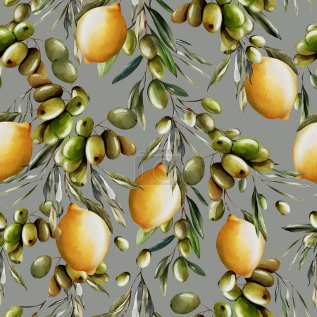 Téléchargez les photos : Aquarelle motif sans couture avec des citrons et des feuilles d'olive vertes. Illustration - en image libre de droit