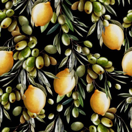 Foto de Patrón sin costuras de acuarela con limones y hojas de olivo verde. Ilustración - Imagen libre de derechos